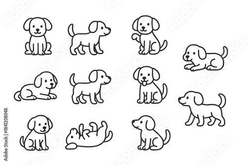 Different poses of cartoon dogs on a white background showing various actions and positions throughout the scene