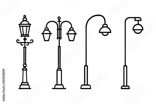 Different types of street lamps in simple line art displayed for design inspiration