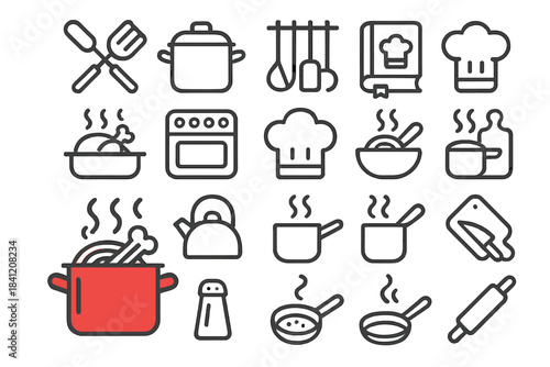 Kitchen tools and cooking items are displayed in a simple layout showing preparation for meal making at home