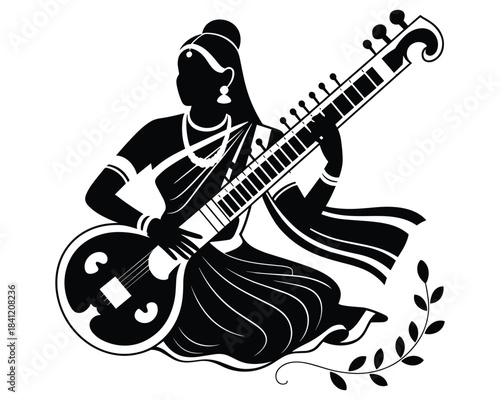 Indian saraswati Playing Veena Happy saraswati puja concept 