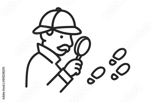 Detective examines footprints with magnifying glass in outdoor setting at daytime with clear surroundings