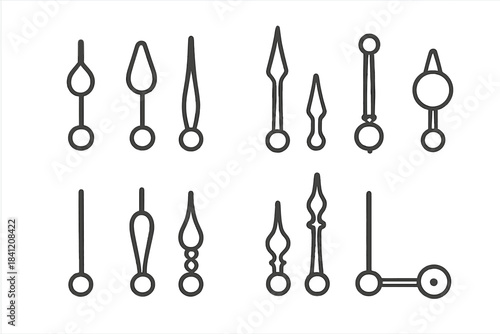 Collection of clock hands arranged in various styles and shapes on a white background