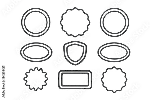 Shapes in various forms arranged in a grid with circles, stars, and shields used for design and decoration purposes