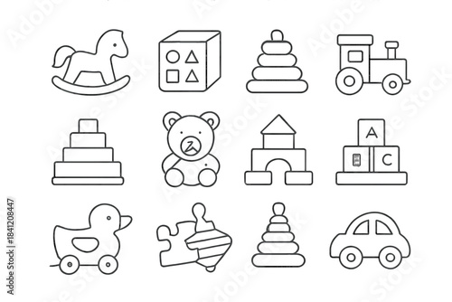 Children's toys illustration featuring various play items for young kids laid out in a grid format