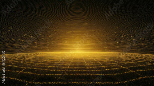 Fototapeta Naklejka Na Ścianę i Meble -  Glowing concentric rings of nodes, lines connecting layers, symbolizing multi-layered AI learning architectures. Abstract, sound wave-inspired 3D tunnel background. Expanding light from the center.