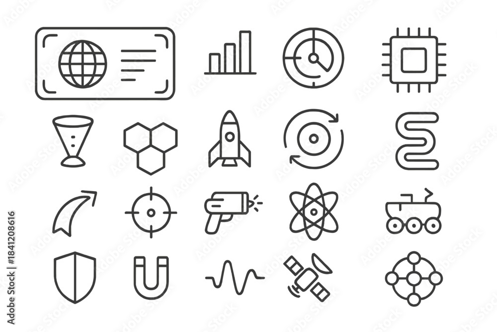 Fototapeta premium Designs of technology and science symbols showing graphs, gears, rockets, and more in a grid layout for educational purposes