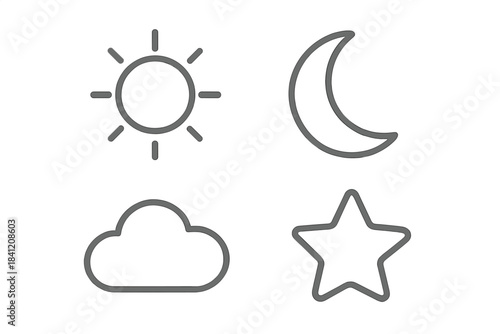 Symbols of weather and celestial bodies in simple line art style on a white background