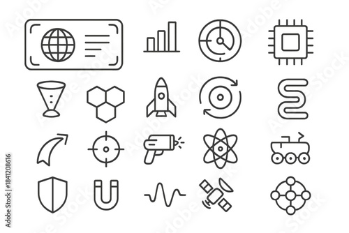 Designs of technology and science symbols showing graphs, gears, rockets, and more in a grid layout for educational purposes