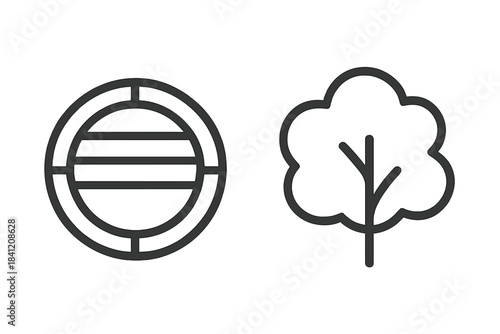 Design of a circular symbol next to a tree outline representing a park setting in simple line art style