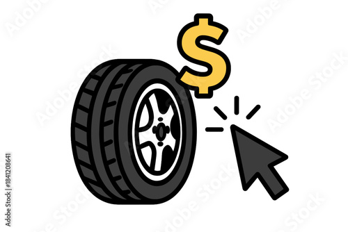 Buying tires online with a dollar sign and cursor icon for easy selection