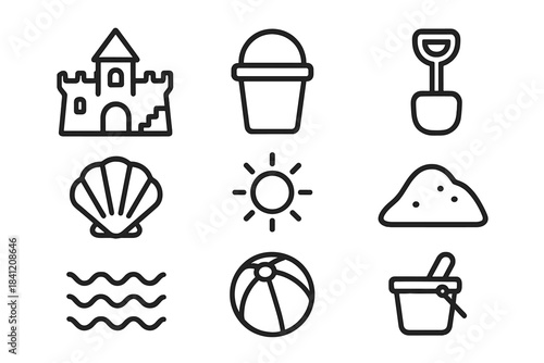 Building a sandcastle at the beach with tools, toys, and natural elements under the sun