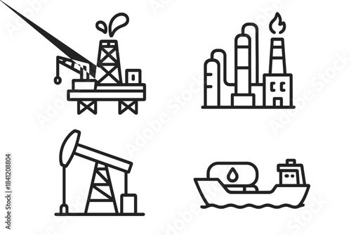 Oil industry activities represented through illustrations of extraction, processing, and transport methods