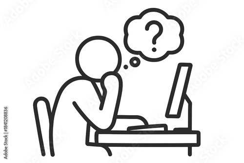 Person thinking while sitting at a desk with a computer in a workspace during daytime