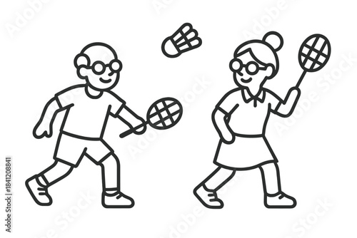 Two people playing badminton in a court during daytime with rackets and a shuttlecock in motion