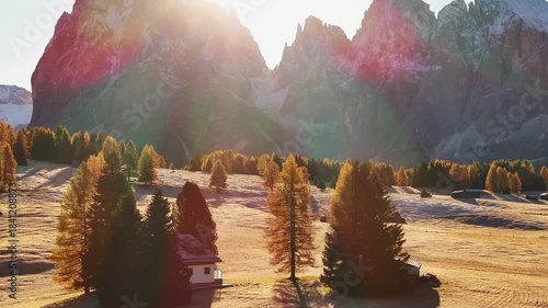 Alpe di Siusi, Seiser Alm, aerial view of majestic dolomites alpine peaks covered in light snow