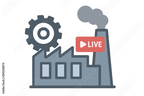 Factory setting with a gear, smoke, and a live broadcast sign showing activity in a manufacturing place
