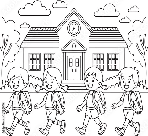 Happy elementary school children walking to school with backpacks in a fun educational coloring page illustration