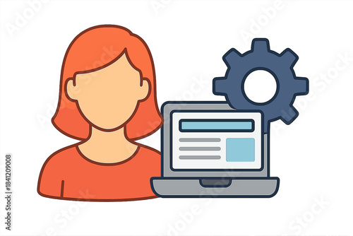 Person working on a computer with settings gear in a simple design at an unspecified location and time