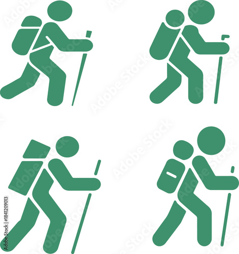 Green hiker stick figure icons with backpacks and trekking poles representing outdoor adventure and recreational activity