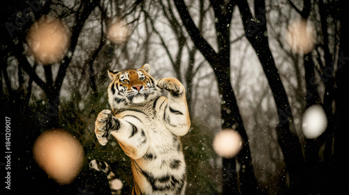 Close-up photo of an adult Amur tiger making a high jump toward the photographer. Its entire figure exudes power and natural strength and his muscles ripple under the striped coat. Endangered animals.