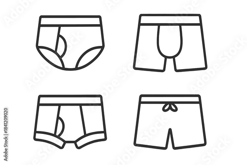 Different types of underwear designs shown in a simple layout on a white background