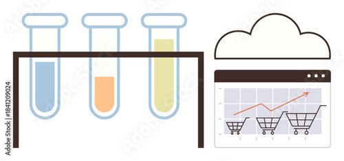 Test tubes in a rack, cloud icon, and browser window with graph and shopping carts. Ideal for data analysis, e-commerce, scientific research, cloud computing, innovation, market trends simple flat