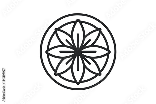 Graphic design of a flower symbol in a round shape with detailed petal patterns and clean lines