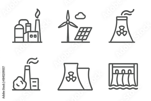 Different types of energy sources and power plants shown in simple line artwork illustrating various energy production methods