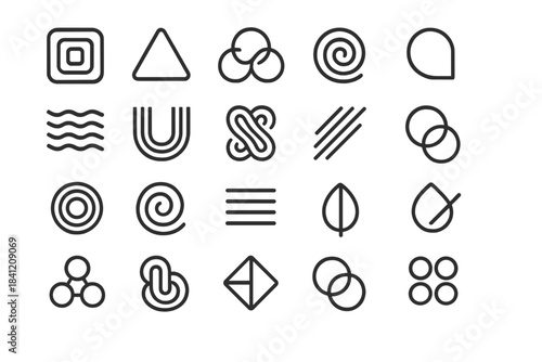 Simple geometric shapes and lines arranged in a grid pattern on a white background