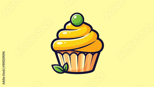 Cartoon Cupcake with Yellow Frosting and Green Topping Illustration.