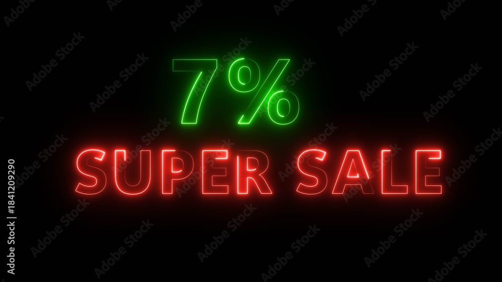 Obraz premium Neon 7% super sale illustration number. Neon business promotion discount offer. Sale special offer, Neon text.