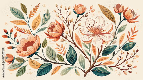 Very beautiful elegant vector set of branches and flowers illustrated with delicate linework, ideal for nature-themed branding, stationery design, greeting cards, editorial graphics, and sophisticated