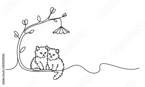 Cute Kittens and Cats Sitting on a Branch, Minimalist Line Art Drawing of Young Animals, Sweet Pet Illustration