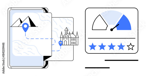 Navigation concept. location pins, journey routes, ratings, and speed indicators, this design s travel analytics. Ideal for travel apps, tourism, user ratings app development and navigation