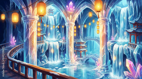 ゲーム背景　竜宮城をイメージした鍾乳洞水中宮殿風景