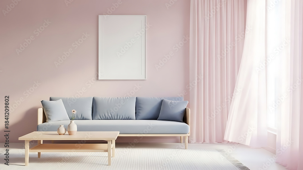Fototapeta premium Serene Minimalist Living Room Interior Design with Pink Wall, Light Blue Sofa, and Wooden Coffee Table