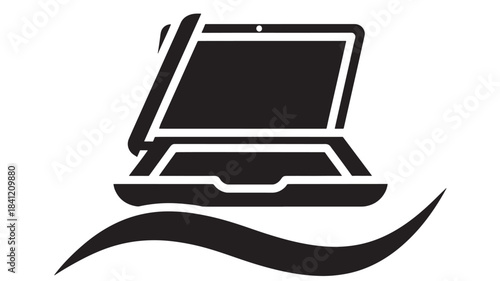 Simple black laptop icon with wavy line below, modern design element
