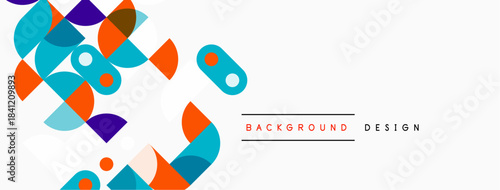 Abstract geometric shapes overlap, creating vibrant background. Orange, teal, purple dominate white space. Modern design element.