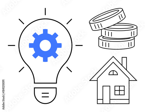 Energy efficiency, finance planning, home improvement, savings, renewable energy, economic growth. Iconic elements include lightbulb with gear, stacked coins and house outline. Energy efficiency