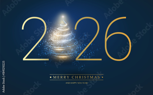 Dark Christmas and New Year Card Background Design with Glowing Christmas Tree Shape, Snow, Snowflakes and Golden Numerals - Illustration in Editable Vector Format - 2026
