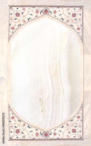 Vertical or horizontal background with frame with ancient tile decor on marble wall. Backdrop with border with floral ornament. Mock up frame template. Copy space for text