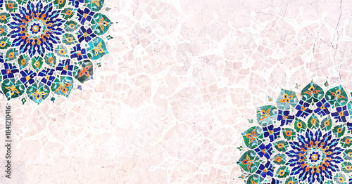 Horizontal or vertical background with ceramic tile decor. Detail of traditional persian marble wall with tile ornament. Mock up template. Copy space for text