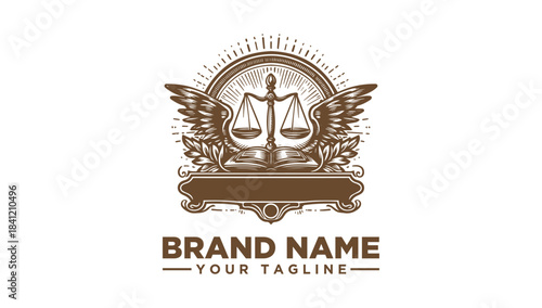 Symbolic justice scales engraving with book and wings, a classic vector illustration for a legal logo icon.