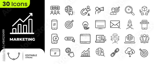 Marketing Strategy Line Icons Set – Digital Advertising, SEO, Analytics and Branding Vector Icons