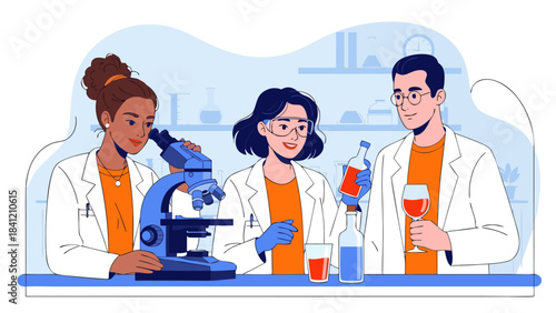 Three scientists in lab coats working together in a laboratory with a microscope and beakers.