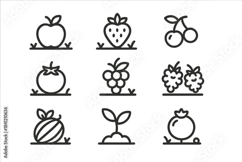 Fruit icons arranged in a grid showing apples, strawberries, cherries, and other fruits with simple lines and shapes
