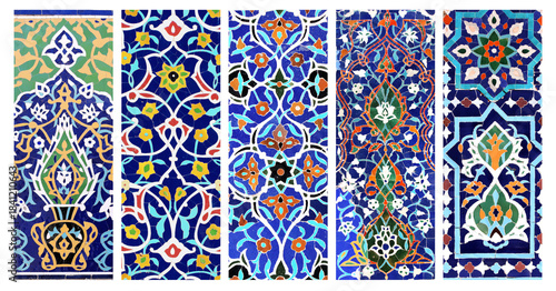 Set of horizontal or vertical banners with detail of ancient mosaic walls with floral and geometric ornaments. Collection of background with traditional islamic tile decoration. Tile decor on old wall