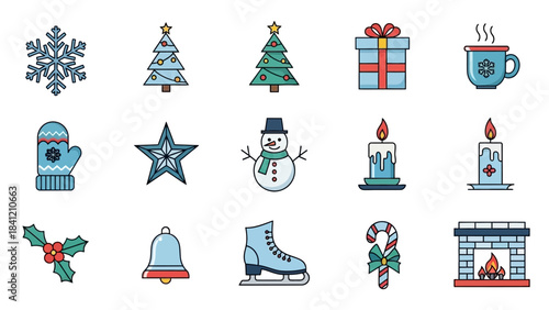 Collection of Festive Christmas Icons and Symbols for Holiday Design.