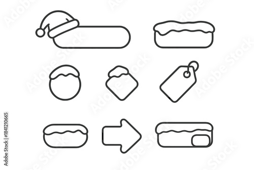 Line drawings show various holiday elements like a hat, gifts, and sweets in simple shapes and designs for seasonal decoration or crafting