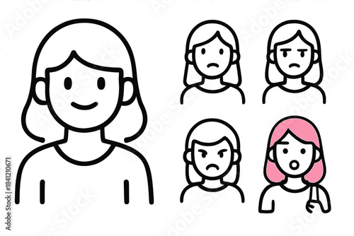 Different expressions shown by a female character in various facial reactions and emotions